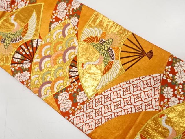 アンティーク　扇に鶴・花・古典柄織り出し袋帯（材料）